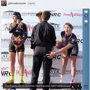 Loren Rowney uses proper podium butt grab etiquette, by grabbing with her outside hand.