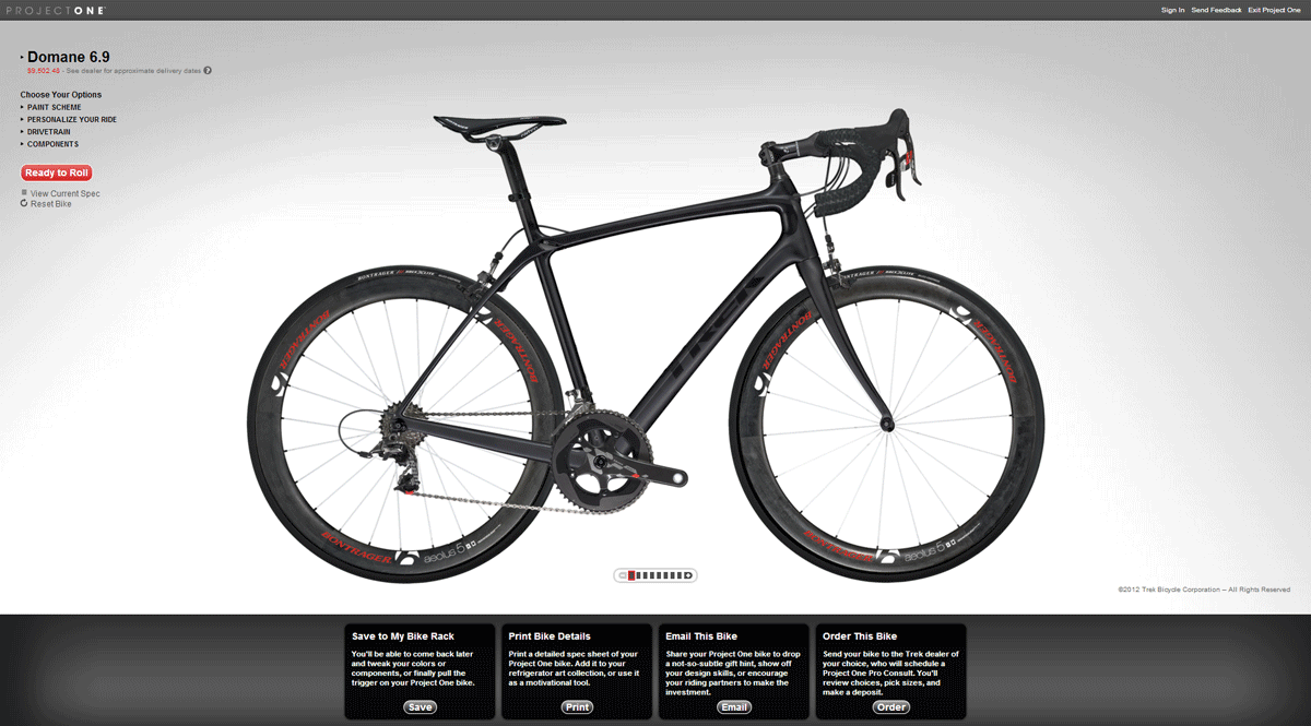 This is my dream Project One Domane. If anyone at Trek wants to send me one, I ride a 60cm, with 175 double, 44 bars, and 110 mm stem. Thanks!
