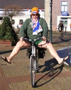Carol Bontekoe riding a Dutch bike in Lemmer, Friesland. 